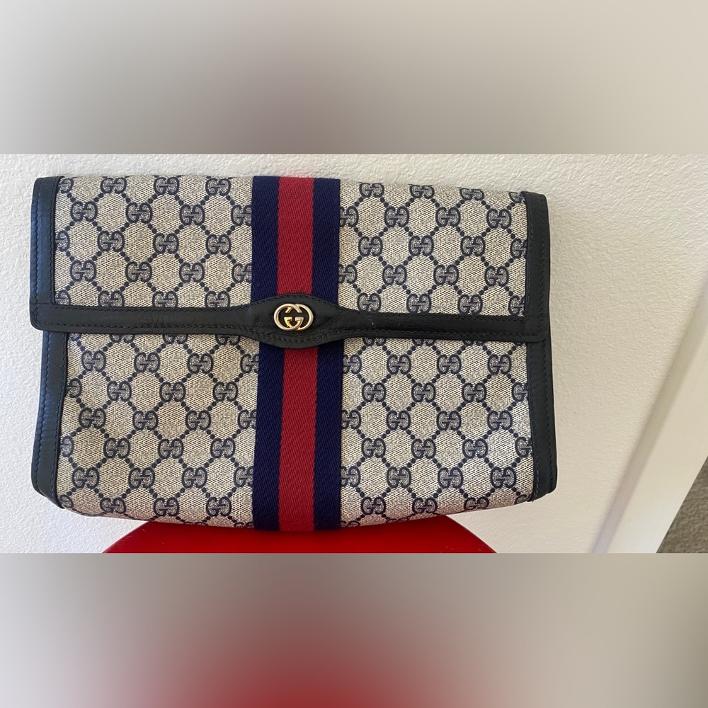 Gucci Navy and Red Monogram Foldover Clutch with Gold GG